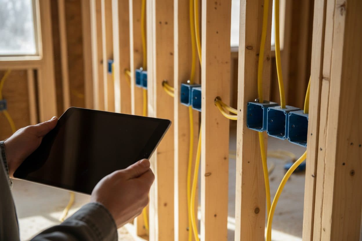 Hands holding a tablet beside wall studs with blue electrical boxes and yellow cable